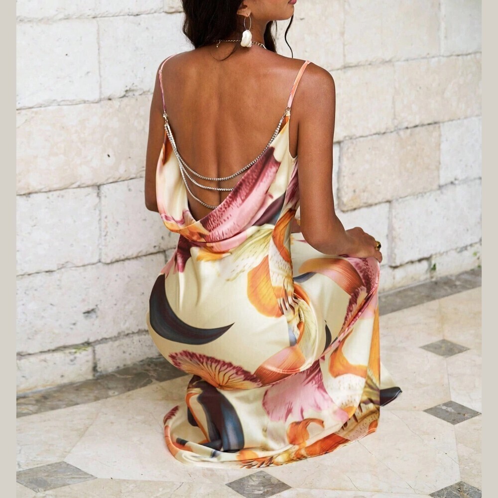 Cream Floral Print Satin Cowl Neck Maxi Dress - Picture 2 of 7
